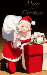 Rule 34 | 1girl, :d, bare arms, bare shoulders, blonde hair, blue eyes, breasts, christmas present, cleavage, commentary, english commentary, florida-chan (ryusei hashida), gift, hat, highres, holding, holding sack, kneeling, large breasts, looking at viewer, medium hair, merry christmas, one eye closed, open mouth, original, pantyhose, red hat, red pantyhose, red shirt, red skirt, ryusei hashida, sack, santa costume, santa hat, shirt, skirt, smile, solo