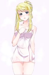 Rule 34 | 1girl, alternate hairstyle, arm behind back, bare arms, bare legs, bare shoulders, blonde hair, blue eyes, blush, breasts, collarbone, commentary, cowboy shot, female focus, fullmetal alchemist, hair up, half-closed eyes, head tilt, highres, legs, looking at viewer, machi (xxx503r), medium breasts, naked towel, neck, open mouth, short hair, short hair with long locks, sidelocks, simple background, solo, standing, swept bangs, thighs, towel, v-shaped eyebrows, white background, white towel, winry rockbell