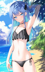 Rule 34 | 1girl, absurdres, aqua hair, arm up, armpits, beach, bikini, black bikini, black ribbon, blue eyes, blue sky, blush, breasts, closed mouth, cloud, cloudy sky, collarbone, colored inner hair, commentary, commentary request, cowboy shot, duplicate, frilled bikini, frills, hair ribbon, highres, hololive, hoshimachi suisei, lis 111, long hair, looking at viewer, multicolored hair, navel, outdoors, pixel-perfect duplicate, ribbon, shadow, shiny skin, side-tie bikini bottom, sidelocks, skindentation, sky, small breasts, smile, solo, standing, stomach, swimsuit, thighs, virtual youtuber, wet