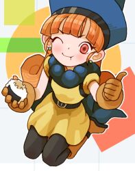 Rule 34 | 1girl, ;t, alena (dq4), belt, belt buckle, black belt, black pantyhose, blue hat, boots, brown footwear, brown gloves, buckle, closed mouth, dragon quest, dragon quest iv, dress, earrings, food, gloves, hat, holding, holding food, jewelry, long hair, onigiri, orange hair, pantyhose, red eyes, sicky (pit-bull), solo, thumbs up, v-shaped eyebrows, yellow dress