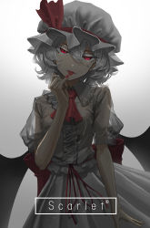 Rule 34 | 1girl, :p, absurdres, ascot, bad id, bad pixiv id, bat wings, colored eyelashes, commentary, cowboy shot, dress, eit (ikeuchi), frilled shirt collar, frills, gradient background, grey background, hair between eyes, hand up, hat, hat ribbon, head tilt, highres, mob cap, nail polish, puffy short sleeves, puffy sleeves, red ascot, red eyes, red nails, red ribbon, remilia scarlet, ribbon, see-through, see-through sleeves, short hair, short sleeves, silver hair, solo, standing, tongue, tongue out, touhou, white background, white dress, white hat, wings