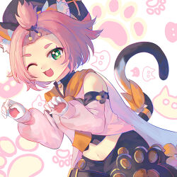 Rule 34 | 1girl, ;d, animal ears, bare shoulders, bright pupils, cat ears, cat tail, commentary request, detached sleeves, diona (genshin impact), genshin impact, gloves, green eyes, hat, long sleeves, looking at viewer, maron star, midriff, navel, one eye closed, open mouth, pink hair, smile, solo, stomach, tail, white gloves, white pupils