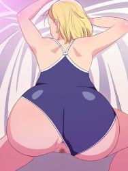 Rule 34 | 1girl, android 18, anus, ass, back, bare shoulders, bed, blonde hair, censored, dragon ball, dragonball z, earrings, engawa suguru, from behind, highres, huge ass, jewelry, legs, mosaic censoring, pussy, short hair, solo, sweat, swimsuit, thighs, top-down bottom-up