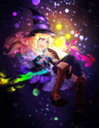 Rule 34 | 1girl, black dress, black legwear, blonde hair, book, boots, brown footwear, capelet, cross-laced footwear, dark background, dress, full body, grimgrimoire, hat, highres, knee boots, lillet blan, long hair, magic, open book, purple eyes, sitouanang, sitting, solo, star (symbol), twitter username, wand, watermark, white capelet, witch, wizard hat
