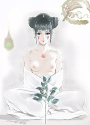 Rule 34 | 1girl, black hair, blue eyes, breasts, earrings, ebba, hair up, highres, indian style, jewelry, magatama, magatama earrings, medium breasts, nipples, original, plant, robe, sitting, solo, tattoo, topless