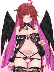 Rule 34 | 1girl, ahoge, ass, breasts, censored, closed mouth, colored inner hair, fingernails, gluteal fold, gradient background, heart, heart tattoo, highres, long hair, looking at viewer, medium breasts, multicolored hair, nail polish, navel, nipples, original, pink background, pink eyes, pink hair, pubic tattoo, pussy, red hair, red nails, smile, solo, star-shaped pupils, star (symbol), symbol-shaped pupils, tattoo, thighs, waterring, white background