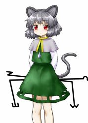 Rule 34 | 1girl, animal ears, arms behind back, capelet, closed mouth, feet out of frame, green skirt, green vest, grey capelet, grey hair, highres, holding, itou yuuji, jewelry, light blush, looking at viewer, medium hair, mouse ears, mouse tail, nazrin, necklace, red eyes, shirt, simple background, skirt, solo, standing, tail, touhou, vest, white background, white shirt