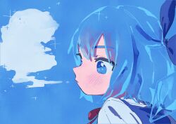 Rule 34 | 1girl, blowing, blue background, blue bow, blue eyes, blue hair, blue theme, bow, breath, bright pupils, cirno, commentary, from side, hair bow, half updo, highres, ice, ice wings, medium hair, nama udon, neck ribbon, parted lips, red ribbon, ribbon, shirt, solo, sparkle, sparkling eyes, touhou, white pupils, white shirt, wings