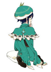 Rule 34 | 1boy, androgynous, argyle, argyle clothes, argyle legwear, ass, beret, black hair, blue hair, blush, braid, butterfly sitting, collared cape, commentary, commentary request, corset, covering own mouth, english commentary, from behind, genshin impact, gradient hair, green eyes, green hat, green shorts, hat, highres, kkopoli, leaf, looking at viewer, looking back, male focus, mixed-language commentary, multicolored hair, open mouth, pantyhose, shoes, short hair with long locks, shorts, side braids, sidelocks, simple background, sitting, solo, twin braids, venti (genshin impact), white background, white pantyhose