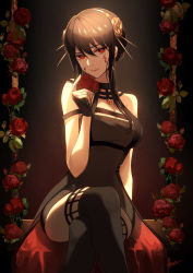 Rule 34 | 1girl, absurdres, black dress, black gloves, black hair, black thighhighs, blood, blood on face, breasts, cleavage, closed mouth, crossed legs, dark background, dress, fingerless gloves, flower, gloves, hair flower, hair ornament, highres, holding, holding flower, kawausoman, large breasts, light particles, lipstick, looking at viewer, makeup, red eyes, red flower, red rose, rose, short hair with long locks, sidelocks, signature, sitting, sleeveless, sleeveless dress, smile, solo, spotlight, spy x family, swing, thighhighs, two-sided dress, two-sided fabric, v-shaped eyebrows, yellow flower, yor briar