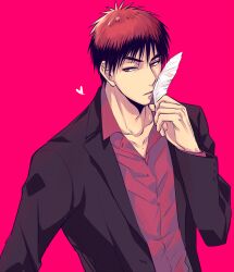 Rule 34 | 1boy, black coat, coat, collared shirt, feathers, heart, holding, holding feather, kagami taiga, kuroko no basuke, male focus, open mouth, pink background, red eyes, red hair, red shirt, shirt, simple background, solo, thick eyebrows, upper body, v-shaped eyebrows, wolfsea
