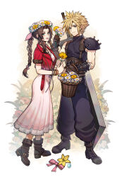 Rule 34 | 1boy, 1girl, absurdres, aerith gainsborough, armor, basket, black footwear, black pants, blonde hair, blush, boots, bow, braid, braided ponytail, brown footwear, brown hair, buster sword, closed mouth, cloud, cloudy sky, commentary, copyright name, cropped jacket, dress, english commentary, final fantasy, final fantasy vii, final fantasy vii rebirth, final fantasy vii remake, floral background, flower, forehead, full body, green eyes, hair ribbon, head wreath, highres, holding, holding basket, holding flower, jacket, lily (flower), lips, long hair, lukrevadraws, materia, open mouth, pants, pauldrons, pink bow, pink dress, pink lips, pink ribbon, red jacket, ribbon, shadow, short hair, short sleeves, shoulder armor, sidelocks, simple background, single pauldron, sky, spiked hair, sword, weapon, white flower, yellow flower