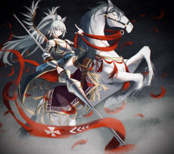Rule 34 | 1girl, absurdres, animal ears, arknights, armor, banner, boots, breastplate, commentary, english commentary, female knight, grani (arknights), grey eyes, grey hair, highres, horse, horse ears, knight, lance, long hair, looking at viewer, ochame, petals, poland, polearm, ponytail, rearing, riding, shoulder armor, thighhighs, vambraces, very long hair, weapon, winged hussar