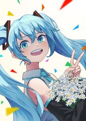 Rule 34 | 1girl, absurdres, blue eyes, blue hair, blue necktie, confetti, detached sleeves, flower, frilled shirt collar, frills, from side, grey shirt, hair between eyes, hatsune miku, highres, holding, holding flower, long hair, looking at viewer, necktie, open mouth, painapo, shirt, solo, teeth, twintails, upper body, upper teeth only, v, vocaloid, white background, white flower