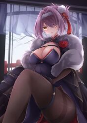 Rule 34 | 1girl, absurdres, azur lane, branch, breasts, cleavage, cleavage cutout, clothing cutout, dress, feather boa, fence, flower, fur hairband, gloucester (azur lane), gloucester (brilliance in purple) (azur lane), gloves, hair ornament, highres, large breasts, osatou (soul of sugar), pantyhose, purple hair, red flower, see-through, see-through gloves, shawl, yellow eyes