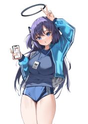 Rule 34 | 1girl, :o, absurdres, arm up, blue archive, blue buruma, blue eyes, blue jacket, breasts, buruma, cellphone, cellphone photo, commentary, cowboy shot, gym shirt, gym uniform, hair between eyes, halo, highres, id card, jacket, kagemoe1003, lanyard, light blush, long hair, looking at viewer, mechanical halo, medium breasts, official alternate costume, open clothes, open jacket, phone, purple hair, shirt, simple background, smartphone, solo, track jacket, v, white background, yuuka (blue archive), yuuka (track) (blue archive)