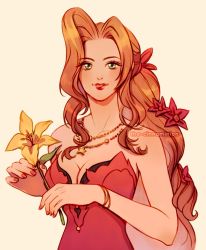 Rule 34 | 1girl, aerith gainsborough, aerith gainsborough (red dress), artist name, bare shoulders, bracelet, breasts, cleavage, collarbone, dress, final fantasy, final fantasy vii, final fantasy vii remake, flower, green eyes, hair flower, hair ornament, highres, holding, holding flower, jewelry, light blush, lipstick, long hair, looking at viewer, makeup, medium breasts, nail polish, necklace, official alternate costume, parted bangs, parted lips, ponytail, red dress, red flower, red nails, sidelocks, solo, square enix, strapless, strapless dress, thar chandran, upper body, wall market, wavy hair, yellow flower