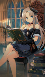 Rule 34 | 1girl, bare shoulders, black gloves, blue eyes, book stack, candle, candlestand, chair, choker, dress, fantasy, gloves, grey hair, horns, jewelry, crossed legs, long hair, necklace, original, pointy ears, simple background, smile, solo, yoshitake