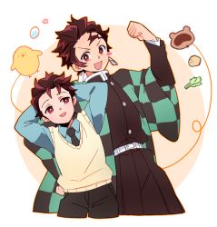 Rule 34 | 2boys, arms behind head, arms up, bird, black necktie, black pants, blue shirt, blush, blush stickers, brown hair, checkered clothes, chick, cropped legs, demon slayer uniform, earrings, egg, hand up, haori, happy, japanese clothes, jewelry, kamado sumihiko, kamado tanjirou, kimetsu no yaiba, leaning to the side, long sleeves, looking at viewer, male focus, multiple boys, necktie, pants, raccoon, red eyes, red hair, scar, scar on face, scar on forehead, school uniform, shirt, short hair, sweater vest, time paradox, ungungzza, white background