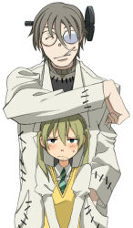 Rule 34 | 00s, 1boy, 1girl, blush, cigarette, franken stein (soul eater), glasses, height difference, maka albarn, non-web source, scar, smoking, soul eater, stitches, white background