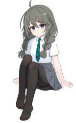 Rule 34 | 1girl, ahoge, black hair, black pantyhose, blue eyes, blush, braid, breasts, collared shirt, commentary request, full body, ginka (gink a), green hair, green necktie, grey skirt, hair between eyes, hair over shoulder, highres, knees up, long hair, looking at viewer, necktie, no shoes, panties, panties under pantyhose, pantyhose, parted lips, pleated skirt, princess connect!, shirt, short sleeves, simple background, sitting, skirt, small breasts, solo, thighband pantyhose, twin braids, underwear, white background, white panties, white shirt, yuni (princess connect!), yuni (real) (princess connect!)