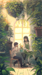 Rule 34 | 1boy, 1girl, black footwear, black hair, blue eyes, blue pants, chair, commentary request, dated, dress, eye contact, flower, glasses, green dress, hanging plant, head rest, highres, hood, hood down, hoodie, indoors, jar, long hair, long sleeves, looking at another, making-of available, mary janes, original, pants, plant, potted plant, profile, puffy long sleeves, puffy sleeves, shirt, shoes, signature, sitting, sitting on table, sleeveless, sleeveless dress, sneakers, table, white hoodie, white legwear, white shirt, window, xiaobanbei milk, yellow flower