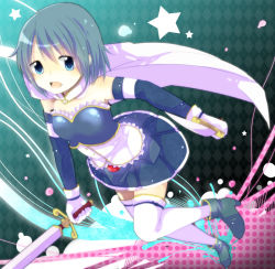 Rule 34 | 10s, 1girl, bad id, bad pixiv id, blue eyes, blue hair, cape, female focus, gloves, holding, holding weapon, magical girl, mahou shoujo madoka magica, mahou shoujo madoka magica (anime), miki sayaka, one star, open mouth, short hair, skirt, solo, sword, thighhighs, weapon, white thighhighs