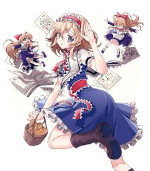 Rule 34 | 1girl, alice margatroid, ascot, basket, blonde hair, blue dress, blue eyes, boots, bread, brown footwear, capelet, doll, dress, eudetenis, food, frilled ascot, frills, grimoire of alice, hairband, highres, hourai doll, knee boots, lolita hairband, paper, puffy short sleeves, puffy sleeves, red ascot, red hairband, red sash, sash, shanghai doll, short hair, short sleeves, touhou, white capelet