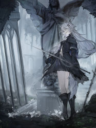 Rule 34 | 1girl, absurdres, animal ears, arknights, black coat, black footwear, black gloves, black skirt, boots, coat, dual wielding, ergouzi echo, flower, from behind, full body, fur-trimmed coat, fur trim, gloves, grey hair, hair ornament, hairclip, highres, holding, holding sword, holding weapon, knee boots, lappland (arknights), lappland (refined horrormare) (arknights), long hair, long sleeves, looking at viewer, looking back, miniskirt, official alternate costume, open clothes, open coat, parted lips, planted, planted sword, planted weapon, ruins, scar, scar across eye, scar on face, skirt, smile, solo, standing, statue, sword, tail, unbuttoned, very long hair, weapon, white flower, wolf ears, wolf girl, wolf tail
