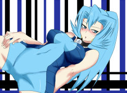 Rule 34 | 1girl, :o, artist request, bare arms, bare shoulders, blue eyes, blue hair, blush, breasts, clair (pokemon), covered navel, creatures (company), game freak, gem, gym leader, hair ornament, hand on thigh, high ponytail, large breasts, latex, lipstick, long hair, makeup, matching hair/eyes, navel, nintendo, open mouth, pearl (gemstone), pokemon, pokemon hgss, ponytail, skin tight, solo