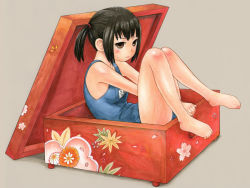Rule 34 | 1girl, bad id, bad pixiv id, bakushunka, barefoot, black hair, blush, box, brown eyes, child, feet, in box, in container, marker (medium), marui hitoha, mitsudomoe, one-piece swimsuit, school swimsuit, short hair, side ponytail, solo, swimsuit, toe scrunch, toes, traditional media