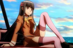 Rule 34 | 1girl, aoki hagane no arpeggio, armband, ashigara (aoki hagane no arpeggio), black hair, hair ornament, loafers, long hair, pink thighhighs, red eyes, school uniform, shoes, sitting, thighhighs