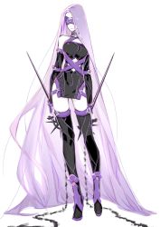 Rule 34 | absurdly long hair, adapted costume, blindfold, boots, chain, dual wielding, elbow gloves, fate/grand order, fate/stay night, fate (series), gloves, highres, holding, long hair, medusa (fate), medusa (rider) (fate), miwa shirow, nameless dagger (fate), purple hair, solo, thigh boots, thighhighs, very long hair