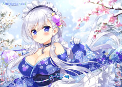 Rule 34 | 1girl, ameto yuki, azur lane, bag, belfast (azur lane), blue eyes, blush, breasts, cherry blossoms, cleavage, closed mouth, commentary request, day, floral print, gloves, hair between eyes, hair ornament, handbag, hands up, holding, japanese clothes, kimono, long hair, long sleeves, looking at viewer, maid, maid headdress, obi, outdoors, purple hair, sash, snow, snowflakes, solo, upper body, wa maid, white gloves, wide sleeves
