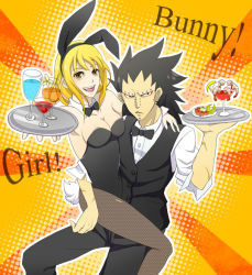 Rule 34 | animal ears, black hair, blonde hair, bow, bowtie, breasts, cleavage, detached collar, fairy tail, fake animal ears, fishnet pantyhose, fishnets, gajeel redfox, lucy heartfilia, pantyhose, playboy bunny, rabbit ears, rabbit tail, red eyes, smile, tail, translation request, tray, waiter, waitress