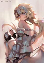 Rule 34 | 1girl, arm behind back, armor, back, banner, bare shoulders, blonde hair, blue eyes, braid, chain, character name, copyright name, elbow pads, fate/apocrypha, fate (series), faulds, felix (felix901123), from behind, fur-trimmed gloves, fur-trimmed legwear, fur trim, gauntlets, gloves, gorget, greaves, grey background, headpiece, highres, jeanne d&#039;arc (fate), jeanne d&#039;arc (ruler) (fate), jeanne d&#039;arc (third ascension) (fate), knee pads, leg armor, long hair, looking at viewer, looking back, parted lips, solo, standard bearer, thighhighs, very long hair, zettai ryouiki