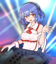 Rule 34 | 1girl, bare shoulders, blue hair, bright pupils, collared shirt, commentary request, commission, dj, headphones, highres, looking at viewer, mixing console, mizusoba, nagae iku, open mouth, phonograph, red eyes, shirt, short hair, skeb commission, solo, touhou, turntable, upper body, white pupils, white shirt