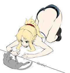 Rule 34 | 1girl, :p, absurdres, ass, blonde hair, breasts, butt crack, cat, character name, fate (series), green eyes, hands on floor, highres, looking at another, mordred (fate), mordred (fate) (all), mordred (fate/apocrypha), mordred (memories at trifas) (fate), mordred (swimsuit rider) (fate), scrunchie, simple background, small breasts, takatun223, tongue, tongue out, torn clothes, white background