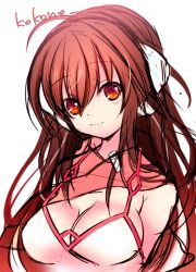 Rule 34 | 1girl, ahoge, breasts, brown eyes, brown hair, character name, headphones, kokone (vocaloid), long hair, looking at viewer, mofuruo, sleeveless, smile, solo, vocaloid, white background