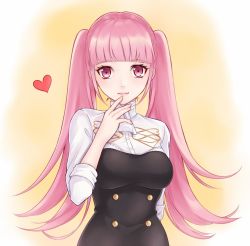 Rule 34 | 1girl, ascot, belt, blunt bangs, closed mouth, colored eyelashes, fire emblem, fire emblem: three houses, hilda valentine goneril, long hair, looking at viewer, matching hair/eyes, nintendo, pink eyes, pink hair, shirt, simple background, smile, solo, twintails, uniform, white shirt, zarame310ak