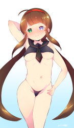 Rule 34 | 10s, 1girl, absurdres, ahoge, areola slip, bare arms, bare legs, bare shoulders, blush, born-to-die, breasts, brown hair, closed mouth, covered erect nipples, female focus, gradient background, green eyes, hairband, hand on own hip, heart, heart-shaped pupils, heterochromia, highres, long hair, medium breasts, micro panties, navel, no bra, no pants, panties, purple eyes, revealing clothes, ryoubi (senran kagura), senran kagura, sidelocks, solo, standing, symbol-shaped pupils, twintails, underboob, underwear, very long hair, white background