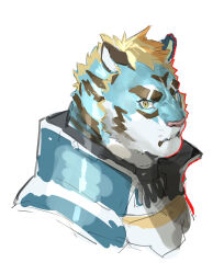 Rule 34 | 1boy, bara, blonde hair, blue fur, cropped shoulders, eyebrow cut, frown, furry, furry male, highres, huge eyebrows, live a hero, looking at viewer, male focus, neumo, rexer (live a hero), short hair, solo, thick eyebrows, tiger boy, unfinished