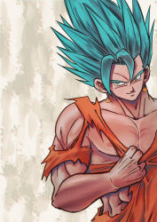 Rule 34 | 1boy, abs, alto (natsusansai), blue eyes, blue hair, commentary request, dragon ball, dragon ball super, earrings, furrowed brow, highres, jewelry, male focus, muscular, muscular male, pectorals, potara earrings, smile, solo, super saiyan, super saiyan blue, torn clothes, upper body, vegetto