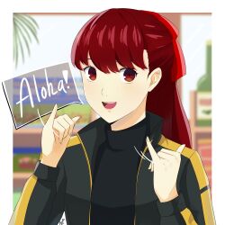 Rule 34 | 1girl, :d, absurdres, black jacket, black shirt, blurry, blurry background, bow, ehe02750888, hair bow, highres, jacket, long hair, long sleeves, open clothes, open jacket, open mouth, persona, persona 5, red bow, red eyes, red hair, shirt, smile, solo, speech bubble, upper body, yoshizawa kasumi