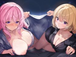 2girls bed_sheet black_pajamas blonde_hair blush breasts cleavage closed_mouth collarbone dot_mouth grey_pajamas highres j_young large_breasts long_hair looking_at_viewer lying medium_breasts multiple_girls nipple_slip nipples non-web_source open_clothes open_shirt original pajamas pink_hair purple_eyes sidelocks smile steaming_body sweat take_your_pick under_covers