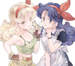 Rule 34 | 2girls, apron, bad drawr id, bad id, blonde hair, blue eyes, blue hair, breasts, curly hair, dragon ball, drawr, dress, dual persona, fingerless gloves, gloves, green eyes, hair ornament, hair ribbon, hand on own face, hand on own hip, holding, johnny, johnny (nana), long hair, looking at viewer, lunch (bad) (dragon ball), lunch (dragon ball), lunch (good) (dragon ball), midriff, multiple girls, oekaki, puffy short sleeves, puffy sleeves, ribbon, short sleeves, shorts, simple background, smile, tank top, white background