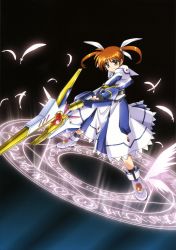 Rule 34 | 10s, 1girl, absurdres, blue eyes, brown hair, feathers, fingerless gloves, gloves, hair ribbon, highres, holding, holding weapon, lyrical nanoha, magic, magic circle, magical girl, mahou shoujo lyrical nanoha, mahou shoujo lyrical nanoha the movie 1st, purple eyes, raising heart, raising heart (cannon mode), red hair, ribbon, shoes, solo, takamachi nanoha, takamachi nanoha (movie 1st mode), twintails, weapon, white ribbon, winged footwear, wings