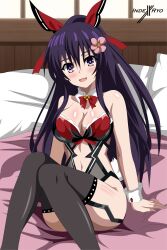 Rule 34 | 1girl, absurdres, bare shoulders, bow, breasts, christmas, date a live, flower, hair bow, hair flower, hair ornament, highres, indexxryo, lingerie, long hair, medium breasts, navel, on bed, open mouth, pillow, purple eyes, purple hair, red ribbon, ribbon, smile, underwear, wrist cuffs, yatogami tooka