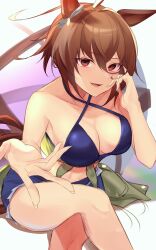 Rule 34 | 1girl, absurdres, agnes tachyon (lunatic lab) (umamusume), agnes tachyon (umamusume), ahoge, animal ears, bare shoulders, bikini, black bikini, blue shorts, breasts, brown eyes, brown hair, cleavage, clothes around waist, collarbone, commentary, criss-cross halter, crossed legs, ear ornament, green jacket, hair between eyes, halterneck, hand on own cheek, hand on own face, highres, horse ears, horse girl, jacket, jacket around waist, looking at viewer, medium breasts, navel, no gloves, official alternate costume, open mouth, reaching, reaching towards viewer, short hair, shorts, sitting, sketch, solo, swimsuit, tail, tied jacket, umamusume, yomesuket