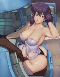 Rule 34 | armpits, ass, breasts, brown eyes, cleavage, fingerless gloves, ghost in the shell, gloves, highleg, highleg leotard, highres, kusanagi motoko, large breasts, leotard, looking at viewer, machinery, oppaiserothicc, purple hair, shiny skin, short hair, sitting, solo, thighhighs, thong leotard
